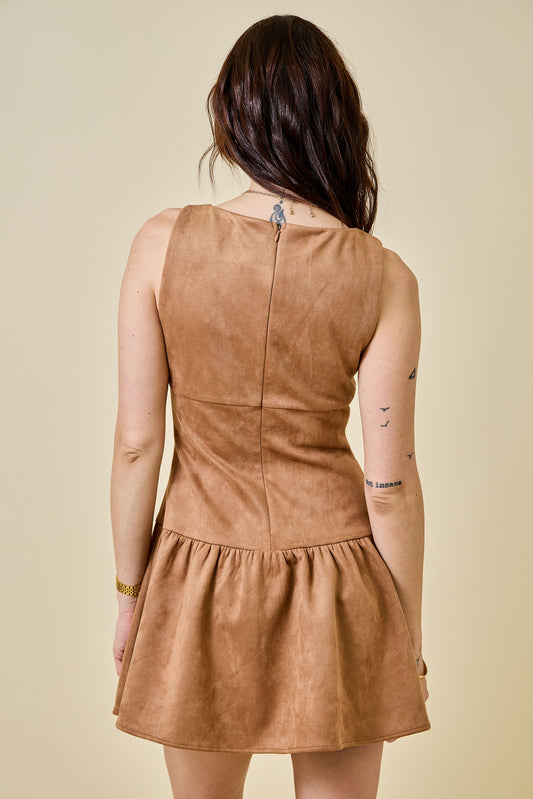 Suede Sleeveless Ruffle Drop Waist Mini Dresss w/Bow - Camel