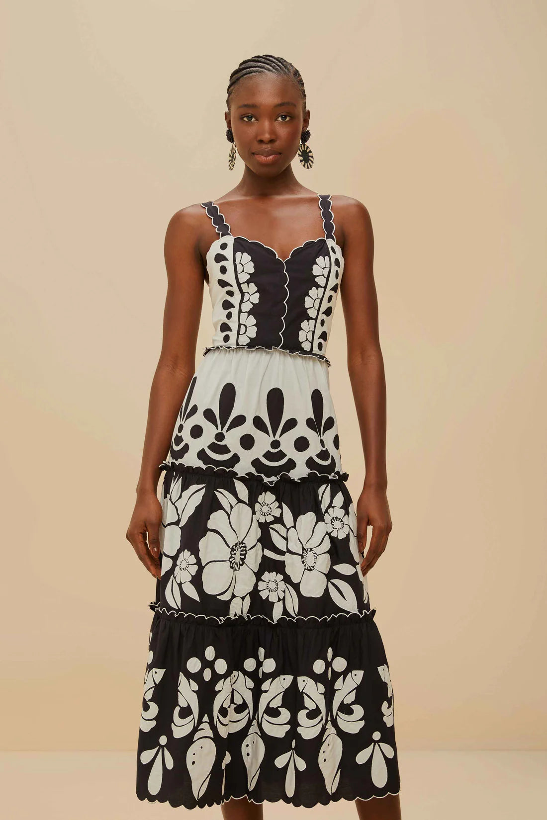 Summer Black and White Cutwork Midi Dress