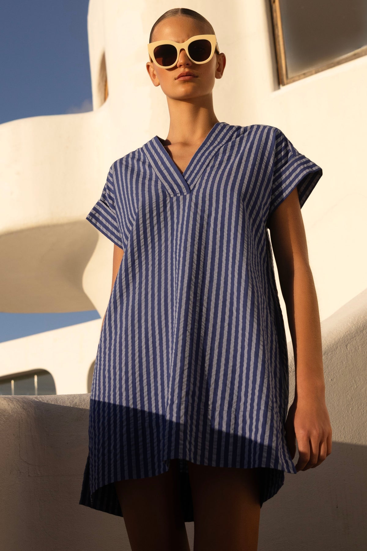 V-Neck Roll Sleeve Mini - Cabana Cobalt