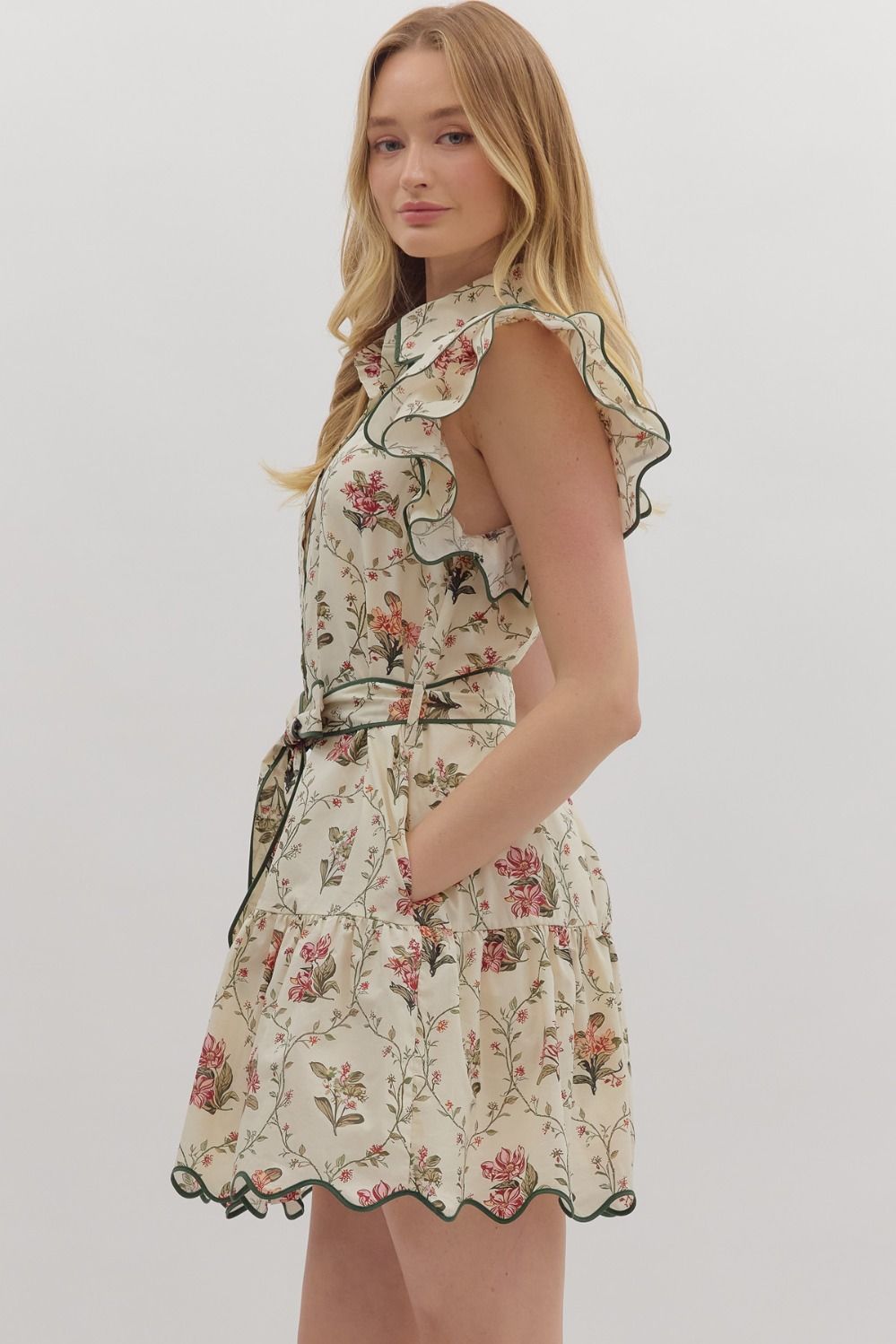 Sara Floral Ruffle Mini Dress - Ecru