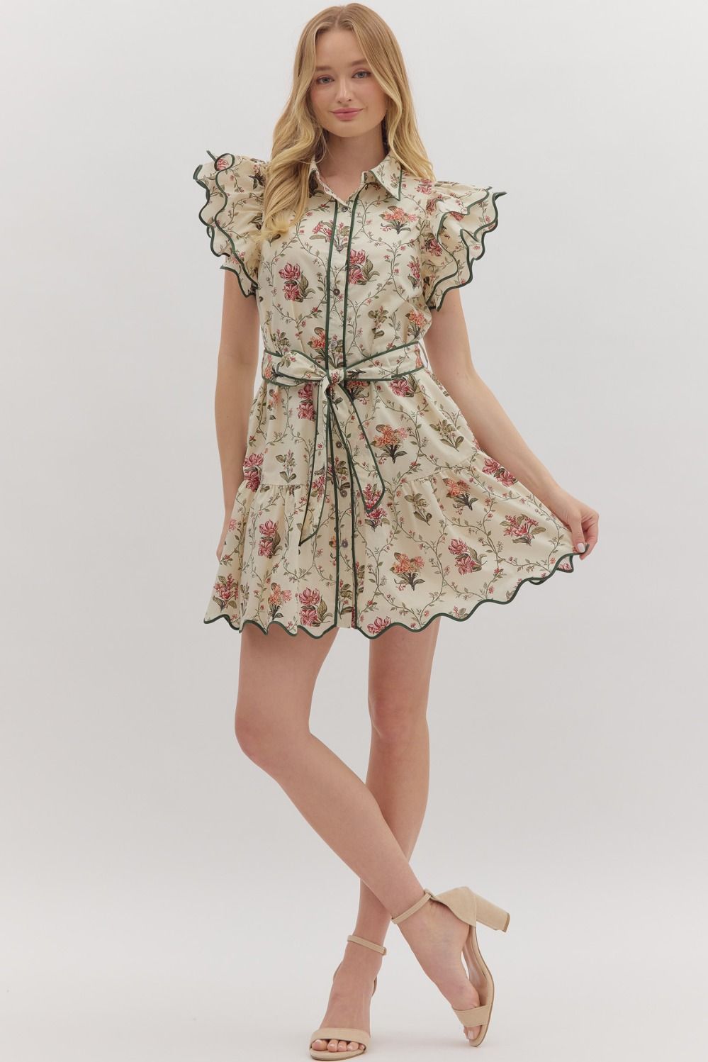 Sara Floral Ruffle Mini Dress - Ecru