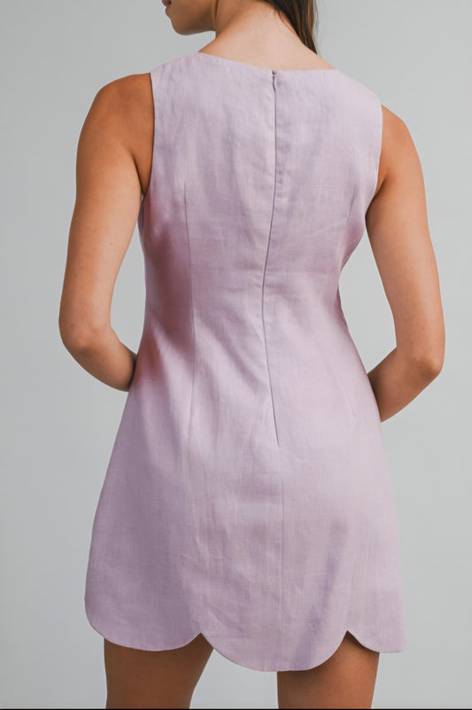 Linen Scallop Hem Mini Dress - Lavender