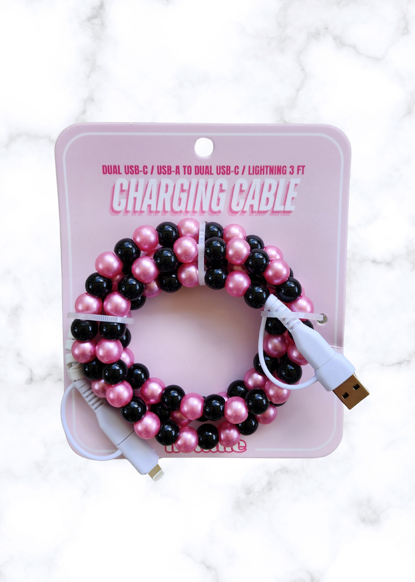 Beaded Charging Cable - Pink & Black Pearl