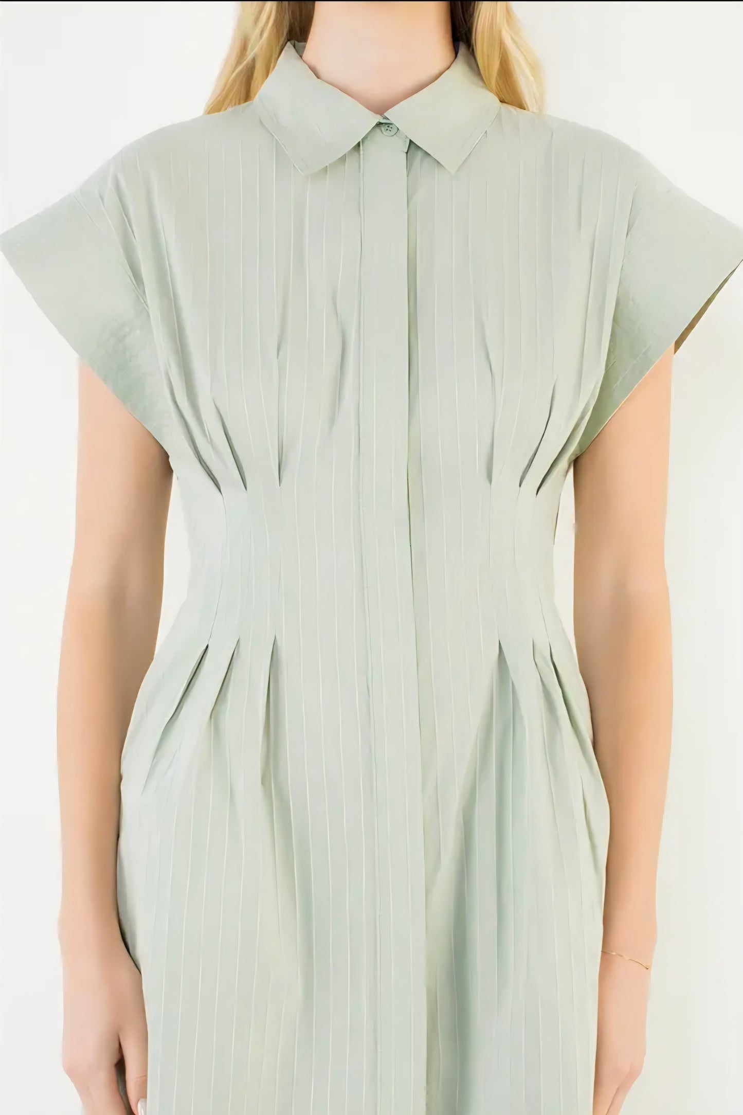 Short Sleeve Striped Button Down Dress - Green