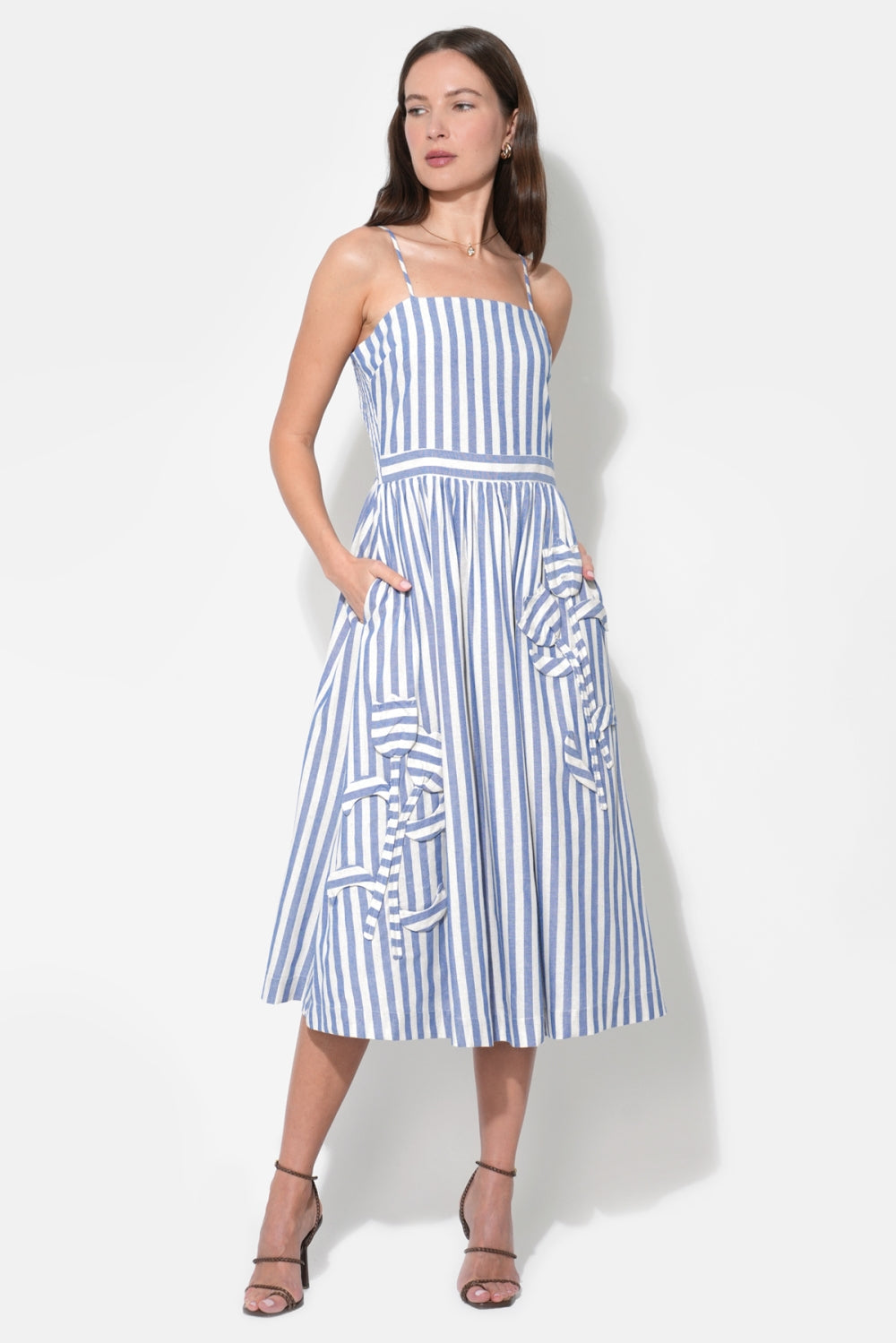 Emilia Striped 3D Floral Detail Midi Dress - Blue/White