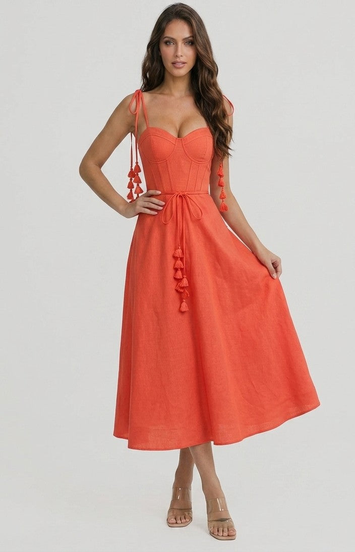 Bustier Shoulder Tie Dress - Coral