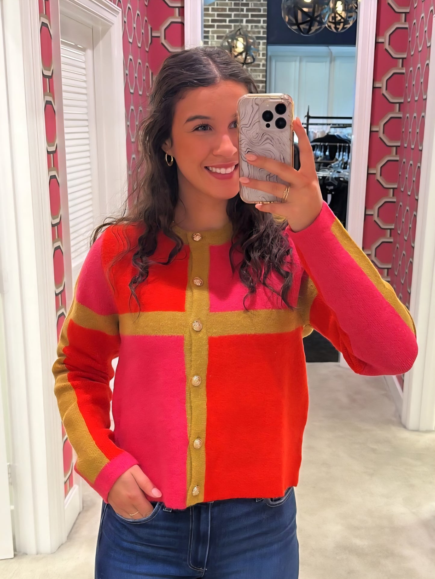 Gold Button Colorblock Cardigan - Orange
