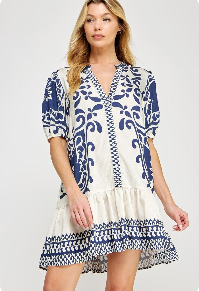 Border Print V-Neck Tunic Mini Dress - Blue/White