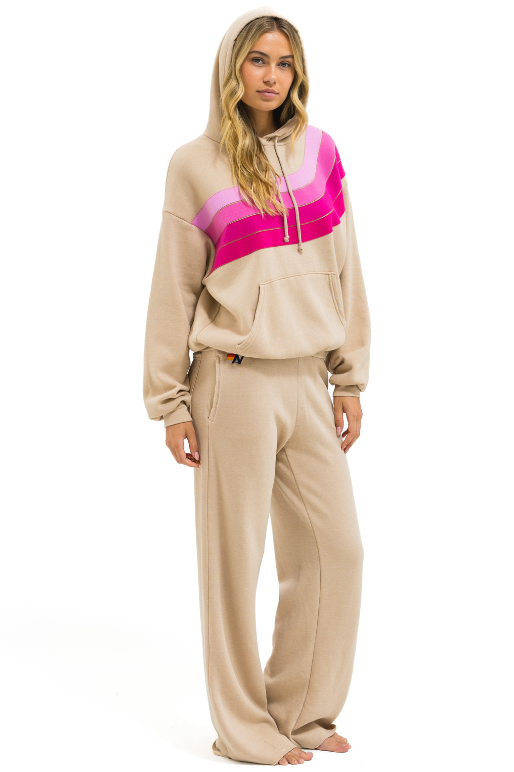 5 Stripe Wide Leg Pocket Sweatpants - Sand // Pink