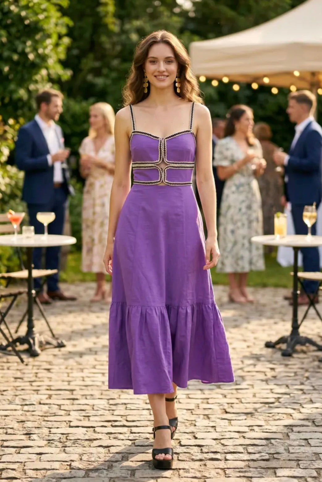 Sweetheart Neckline Midi Dress with Lace Trim Detail