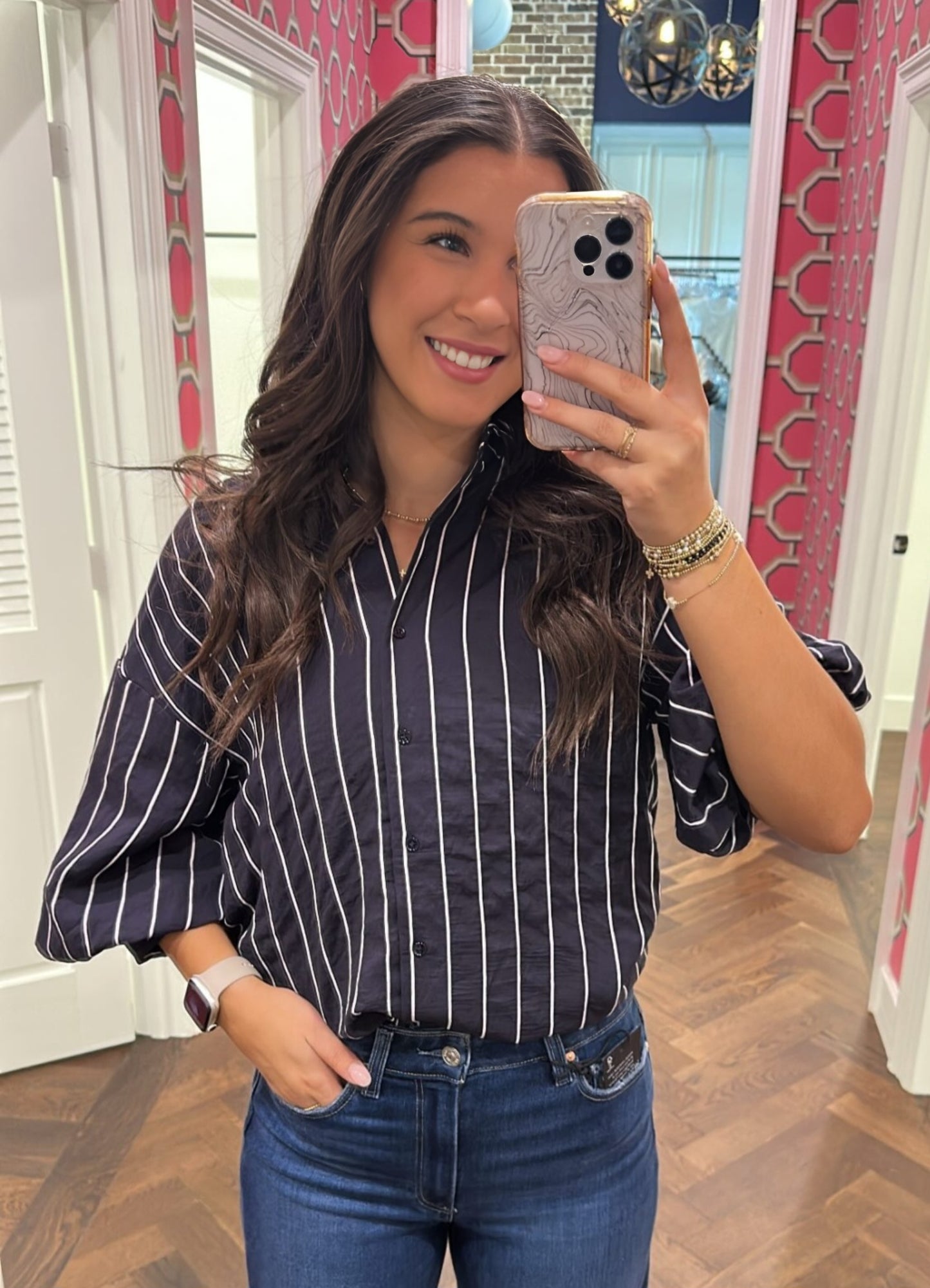 Stripe Balloon Sleeve Shirt - Navy/White