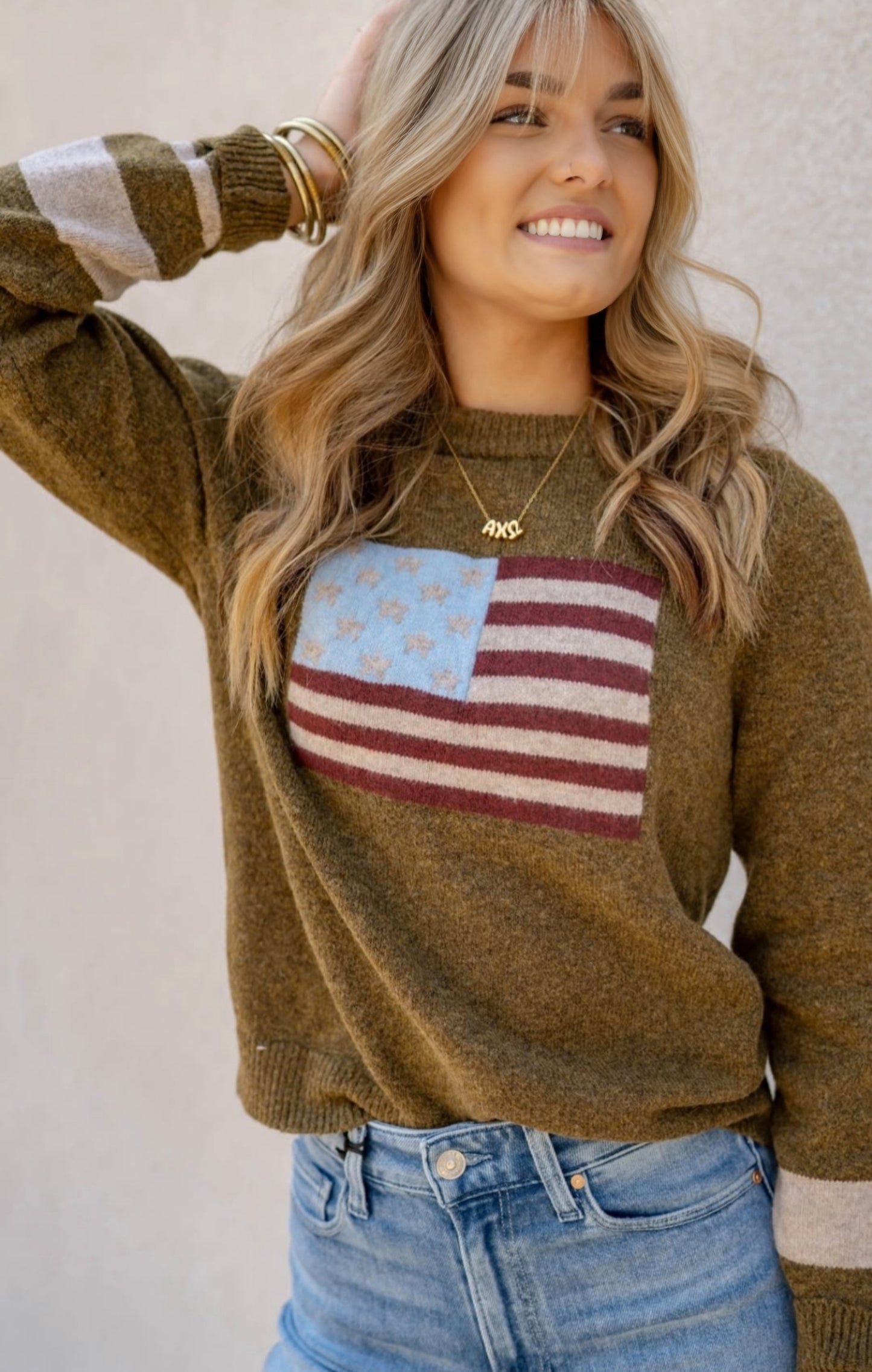 Knit Flag Detailed Sweater - Olive