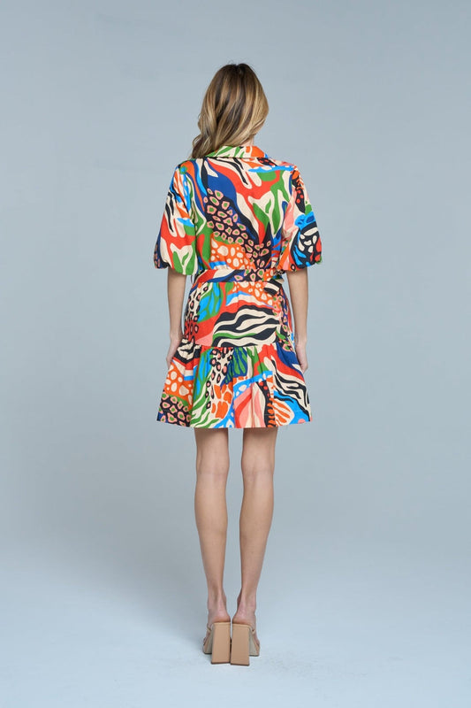 Azula Printed Bubble Sleeve Mini Dress - Multicolor
