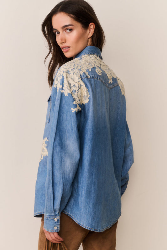 Kelith Lace Appliqué Chambray Shirt - Denim