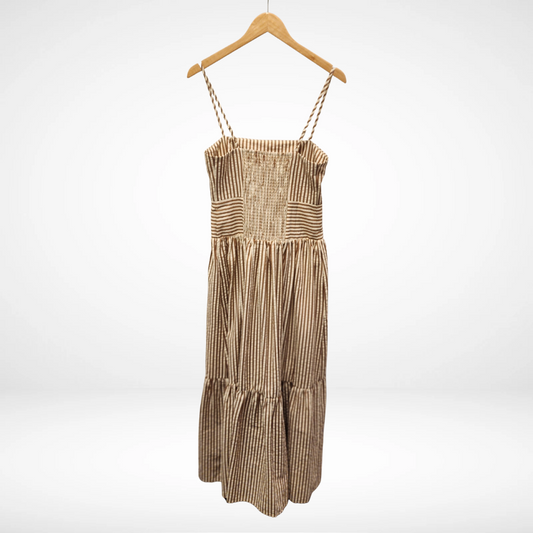 Thin Strap Striped Textured Tiered Dress - Brown