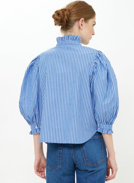 Ruffle Front Button Blouse in Devon Blue
