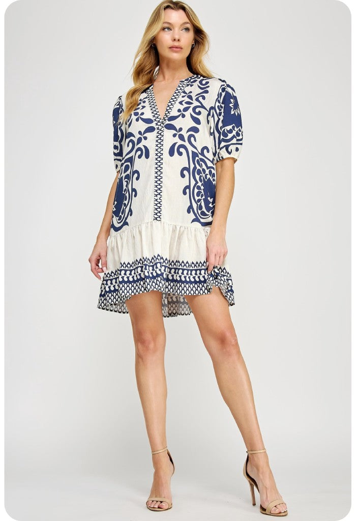 Border Print V-Neck Tunic Mini Dress - Blue/White
