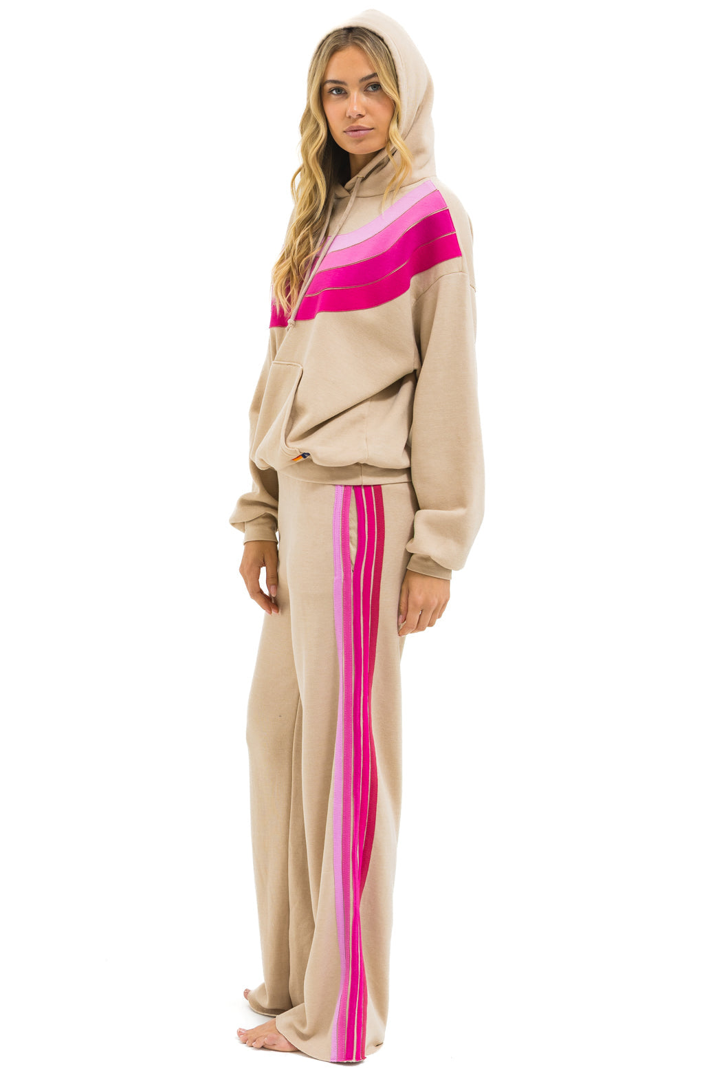 5 Stripe Wide Leg Pocket Sweatpants - Sand // Pink