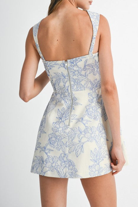 Floral Jacquard Strap Shoulder Mini Dress Skort - Blue