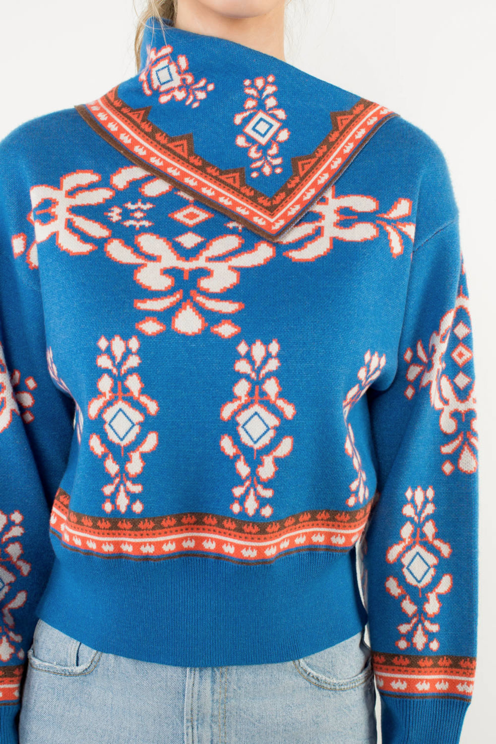 Long Sleeve Print Sweater - Blue