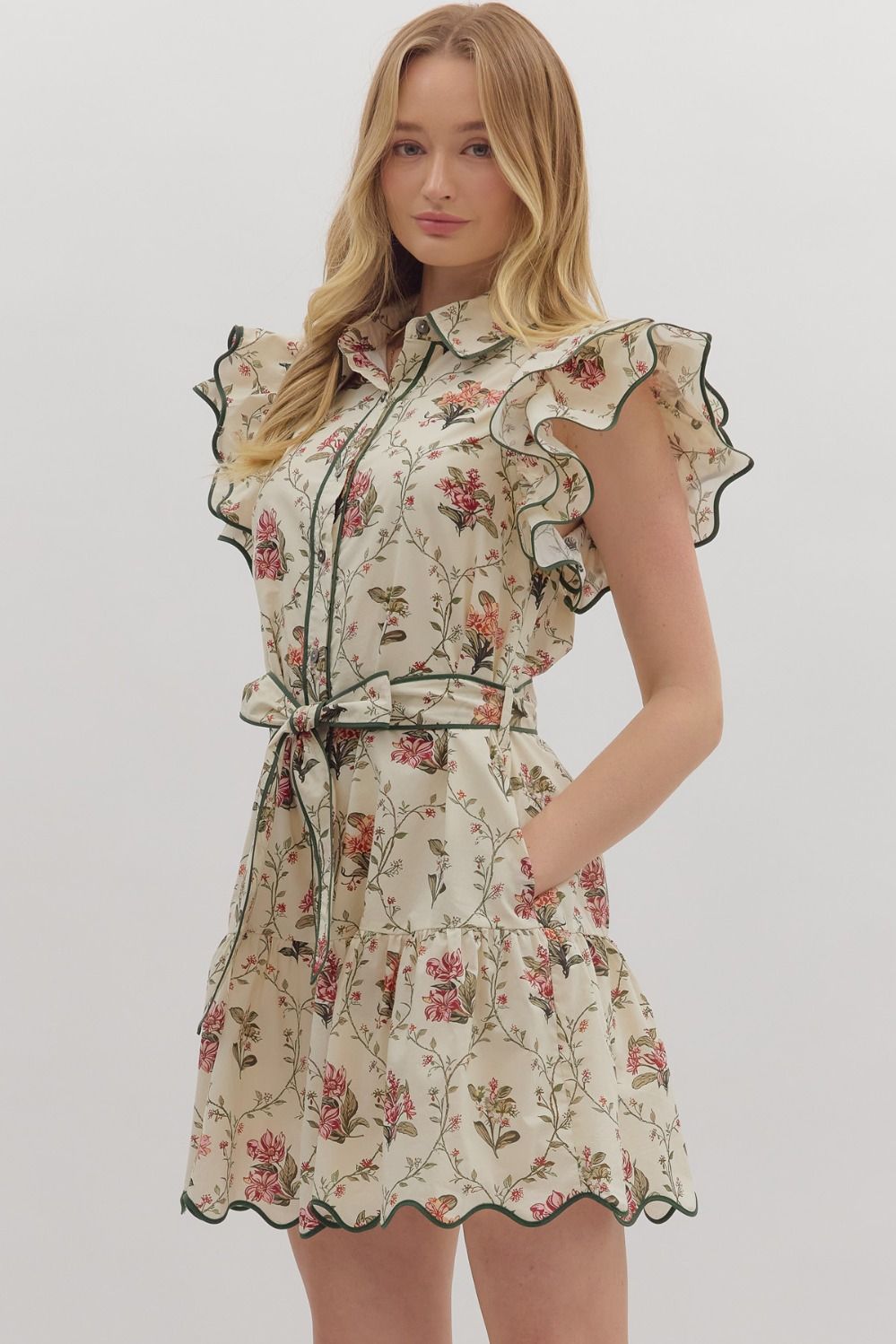 Sara Floral Ruffle Mini Dress - Ecru