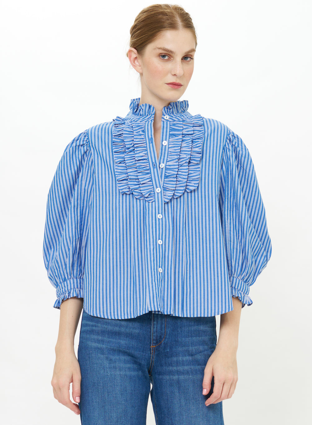 Ruffle Front Button Blouse in Devon Blue