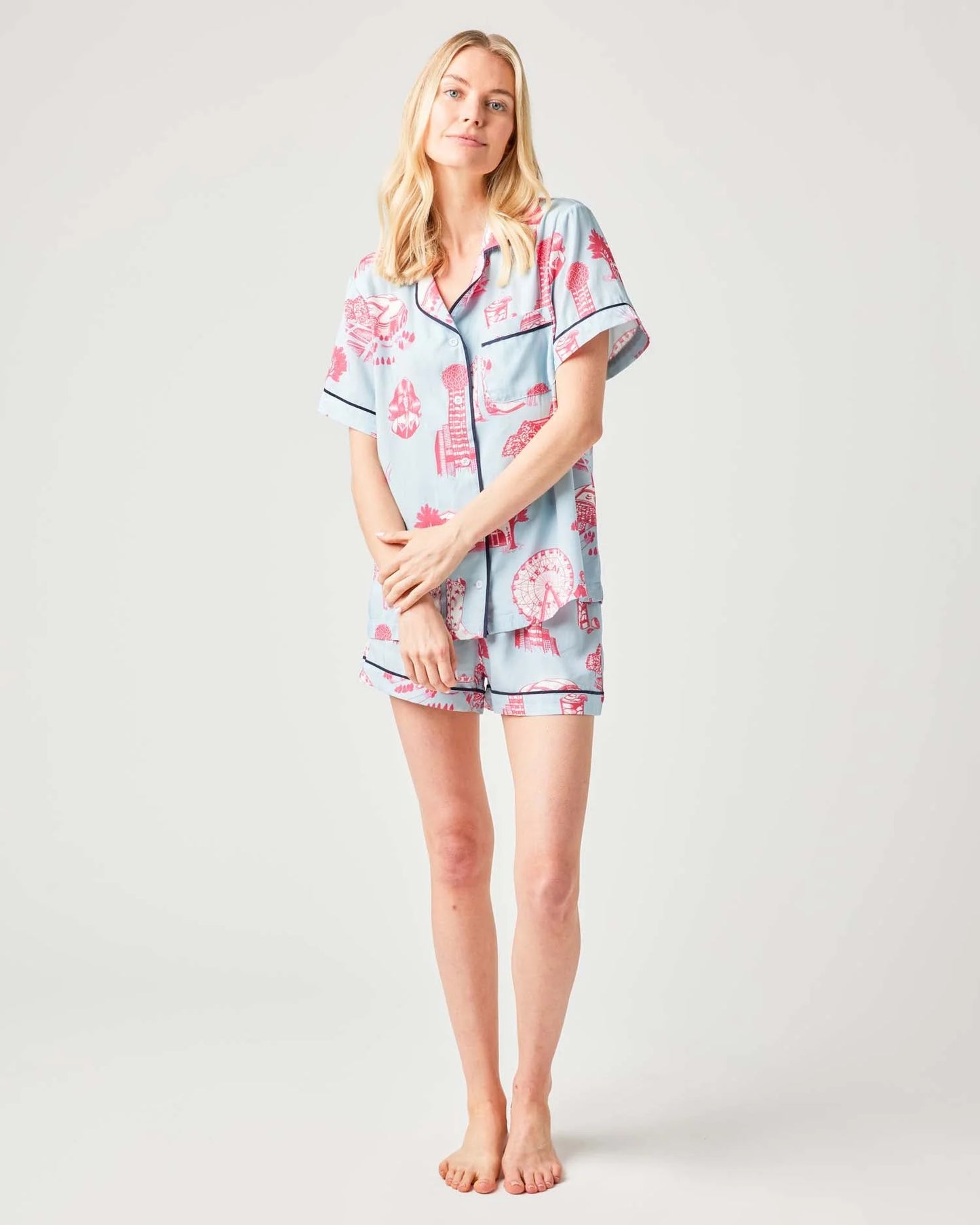 Dallas Toile Pajama Shorts Set - Blue Pink