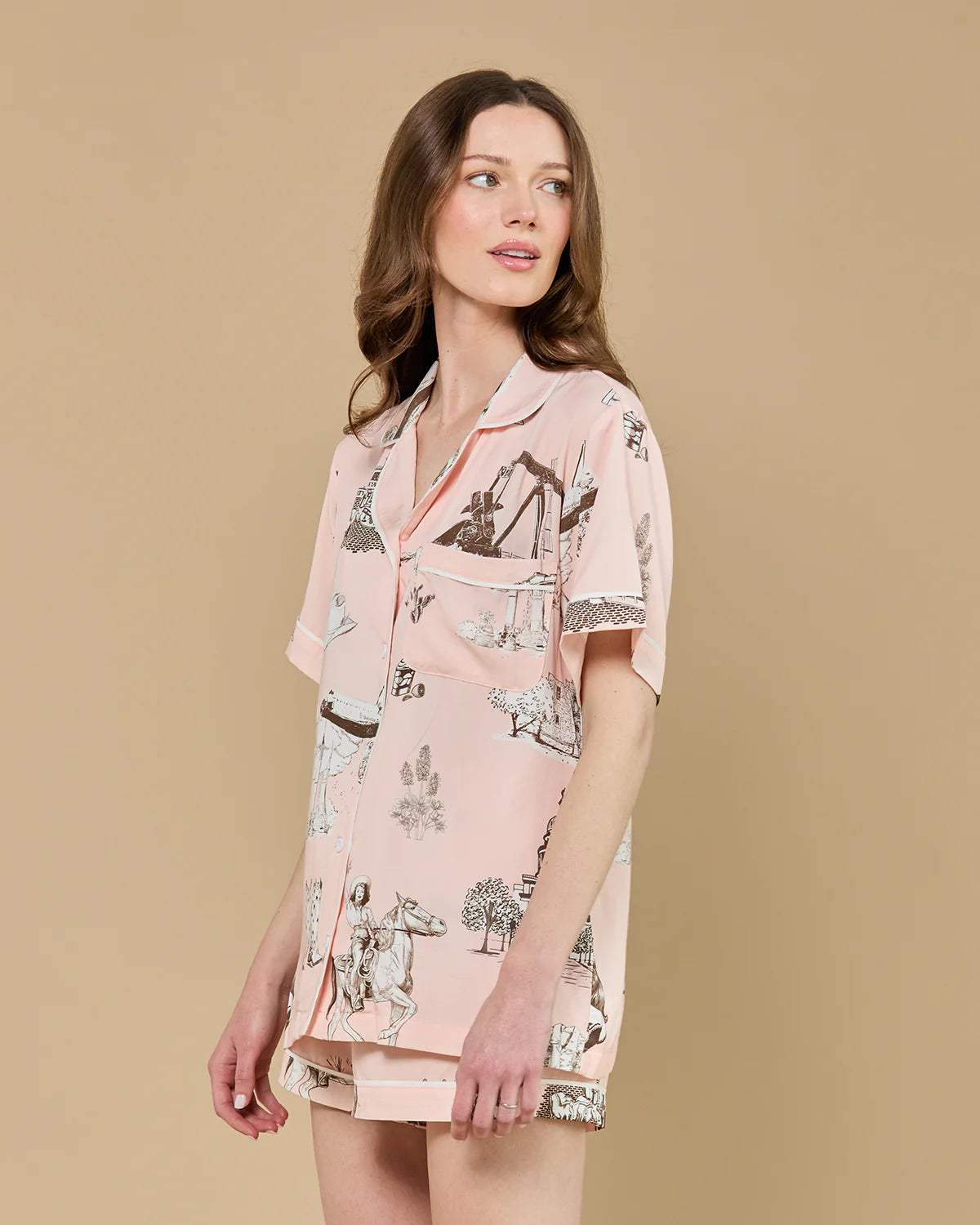 Texas Toile Pajama Shorts Set - Pink Brown