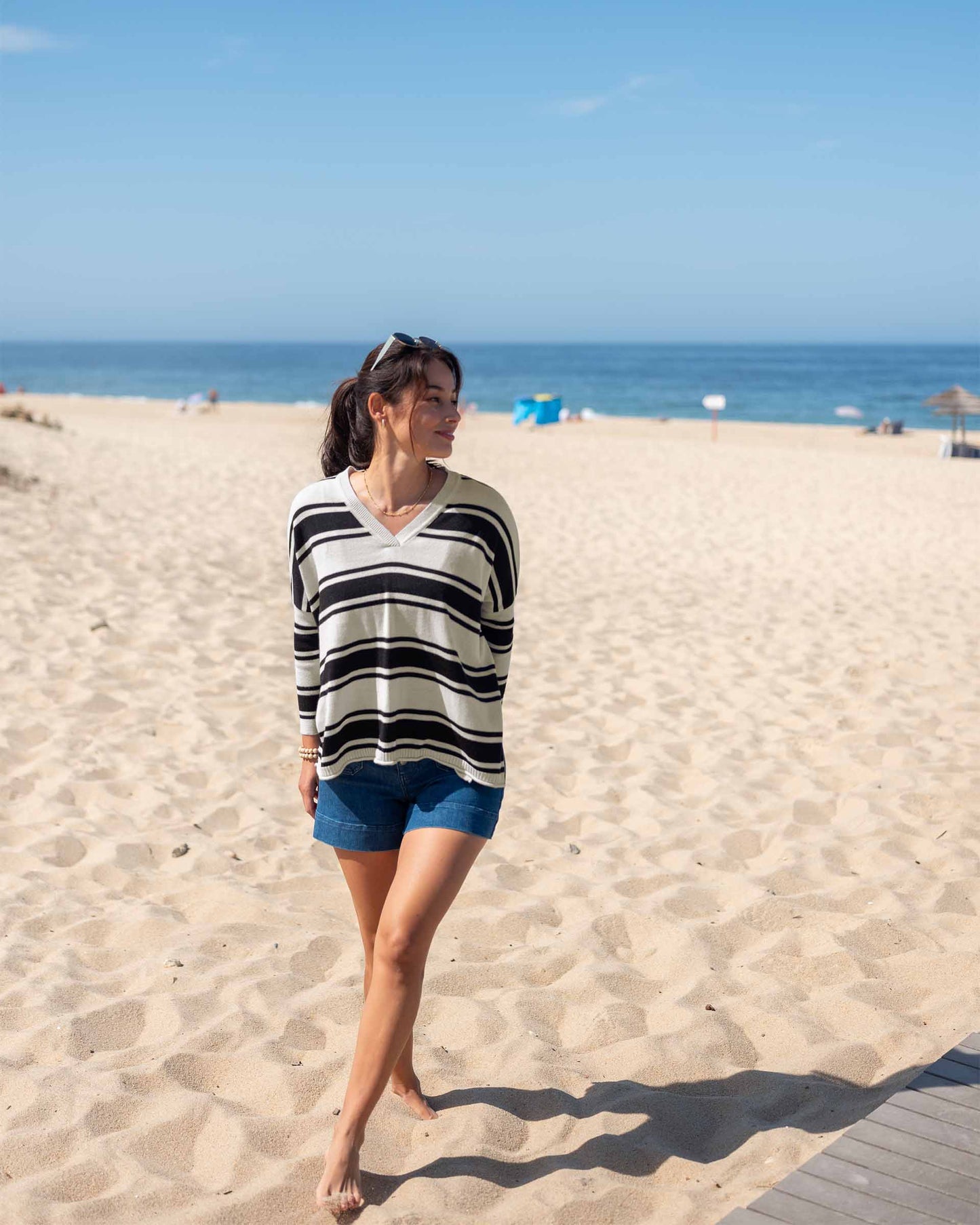 Catalina V-Neck Sweater - Bone/Black Stripe