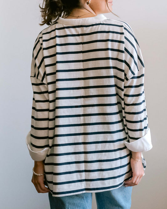Amelia Cuff Tee - Cream/Navy Stripe
