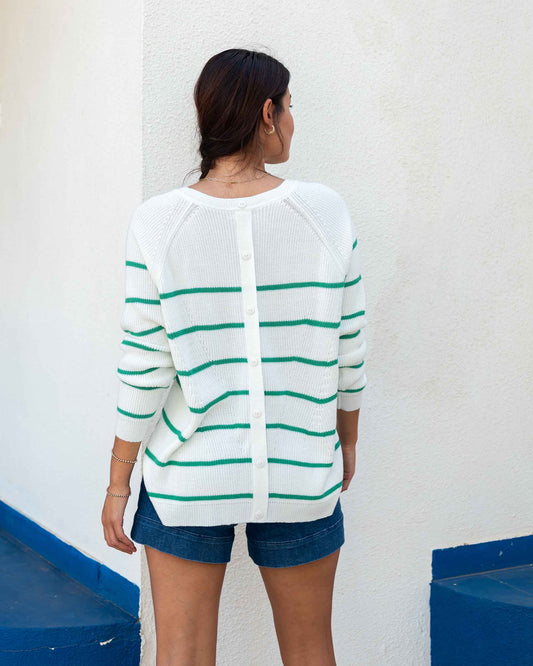 Camden Crewneck Sweater - White/Jade Stripe