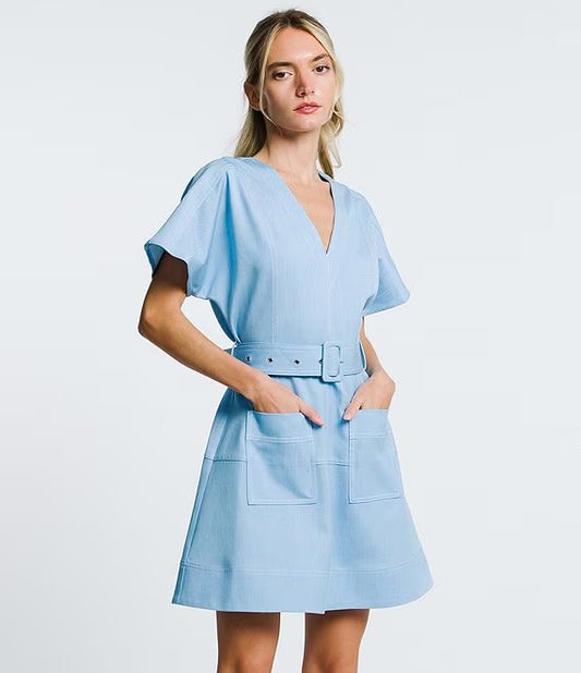Polly Patch Pocket Denim Mini Dress - Light Blue
