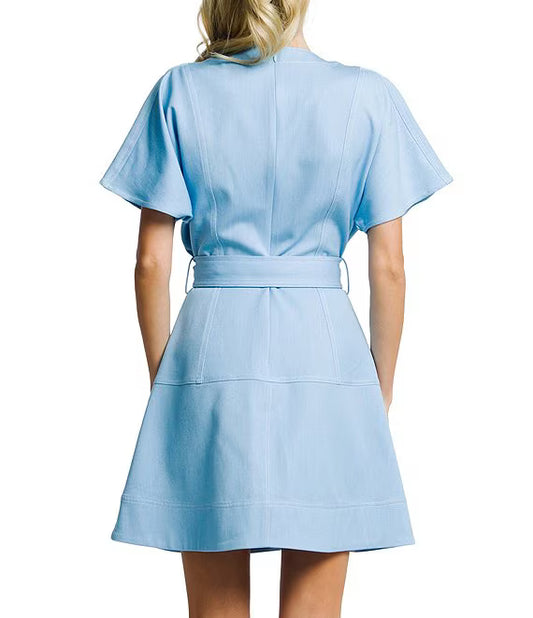 Polly Patch Pocket Denim Mini Dress - Light Blue