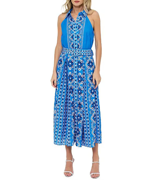 Leena Printed Halter Maxi Dress - Blue Multi