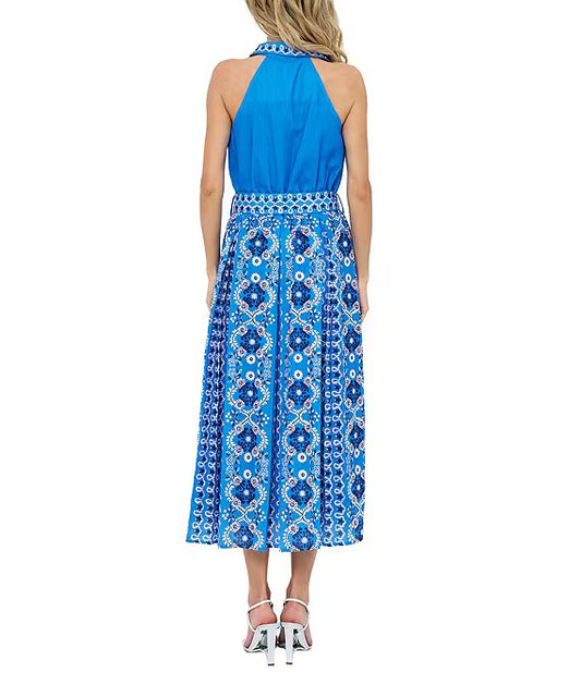 Leena Printed Halter Maxi Dress - Blue Multi