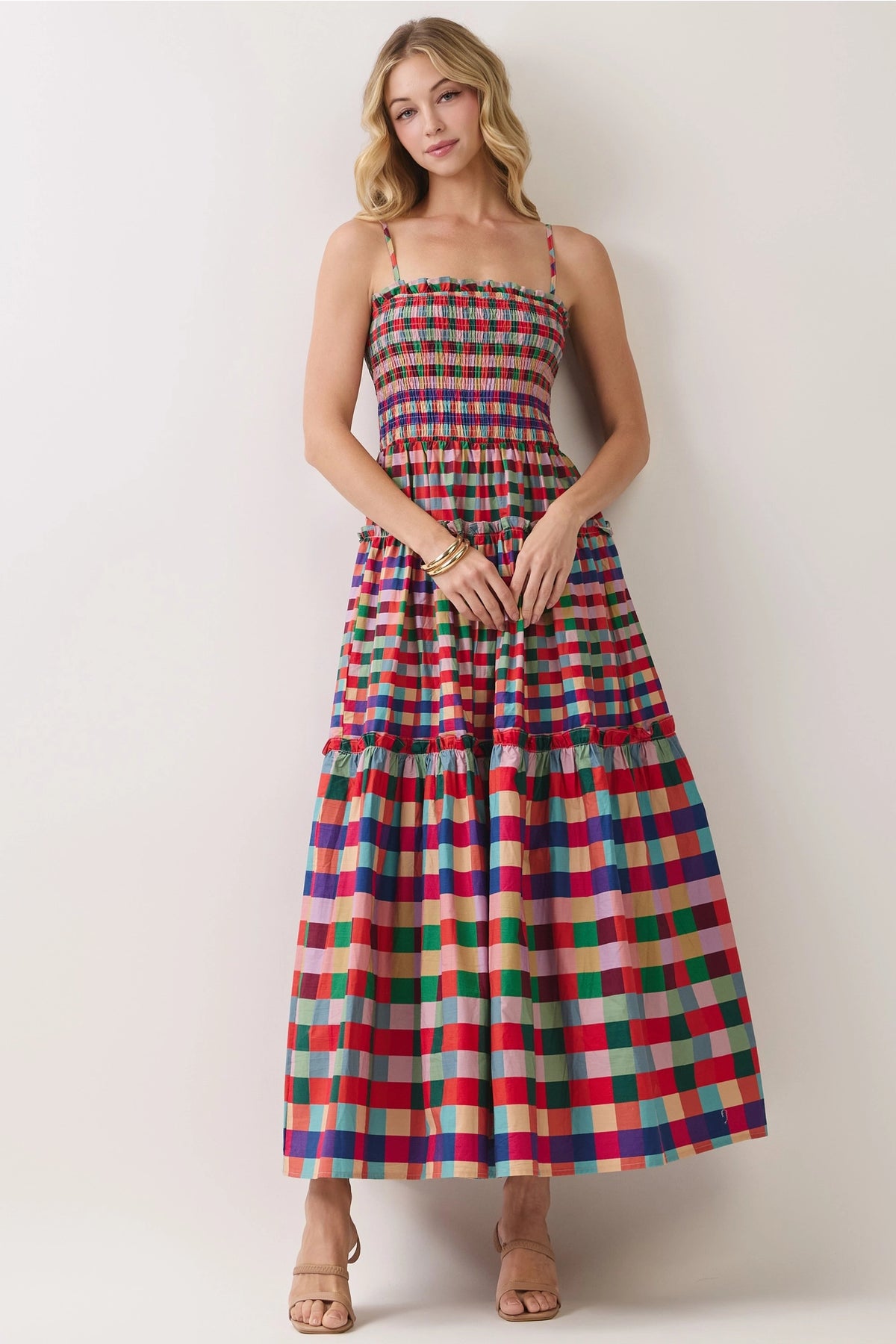 Smocked Bodice Plaid Tiered Maxi Dress - Multi