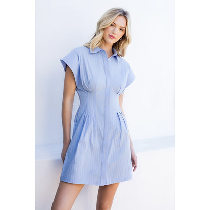 Short Sleeve Striped Button Down Dress - Blue - Spinout