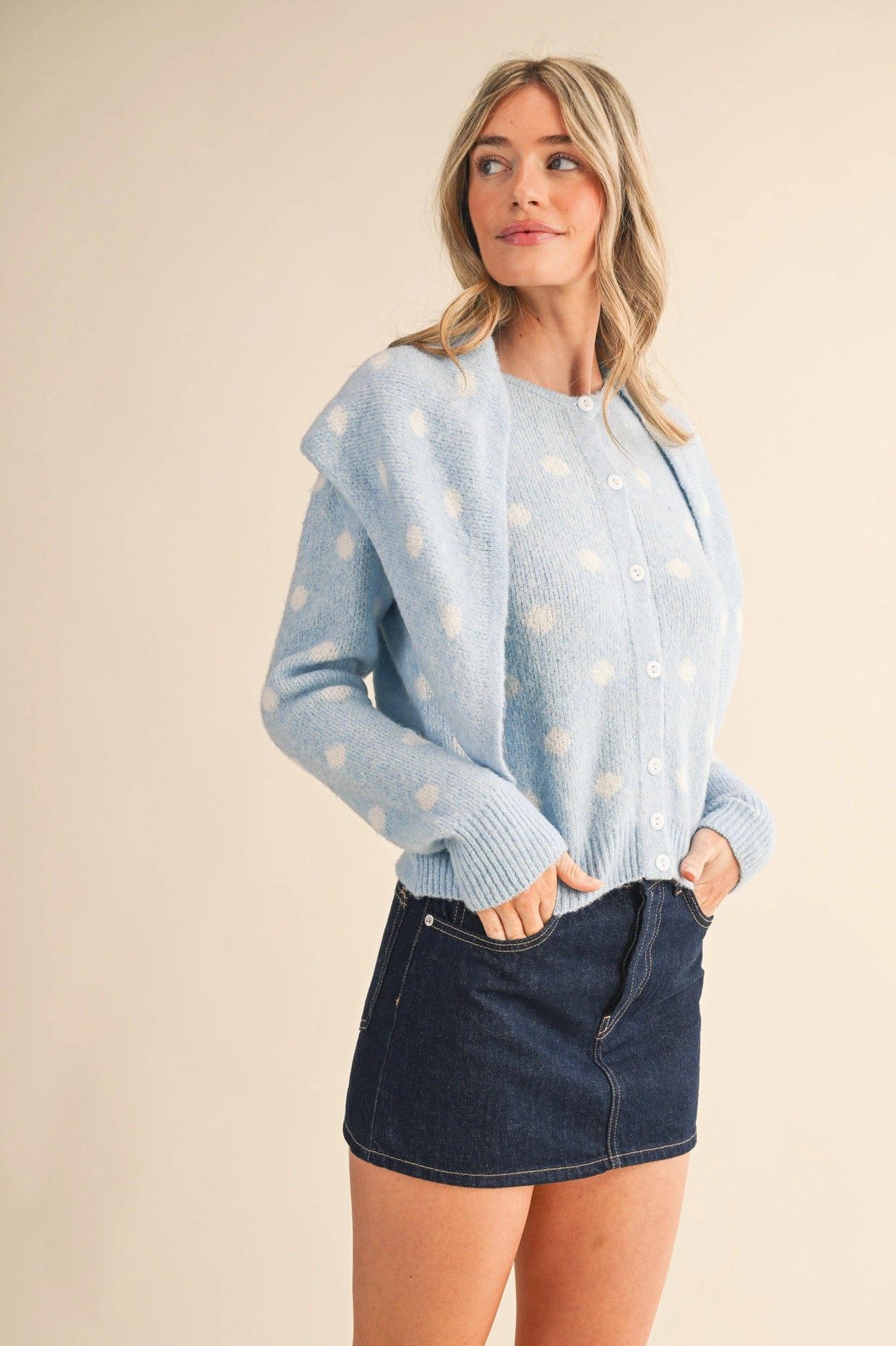Polka Dot Sweater Cardigan with Detachable Scarf - Sky Blue