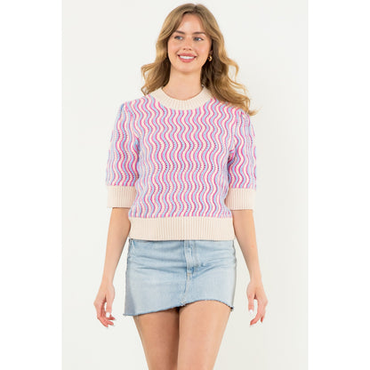 THML - Short Sleeve Pattern Knit Top - Pink