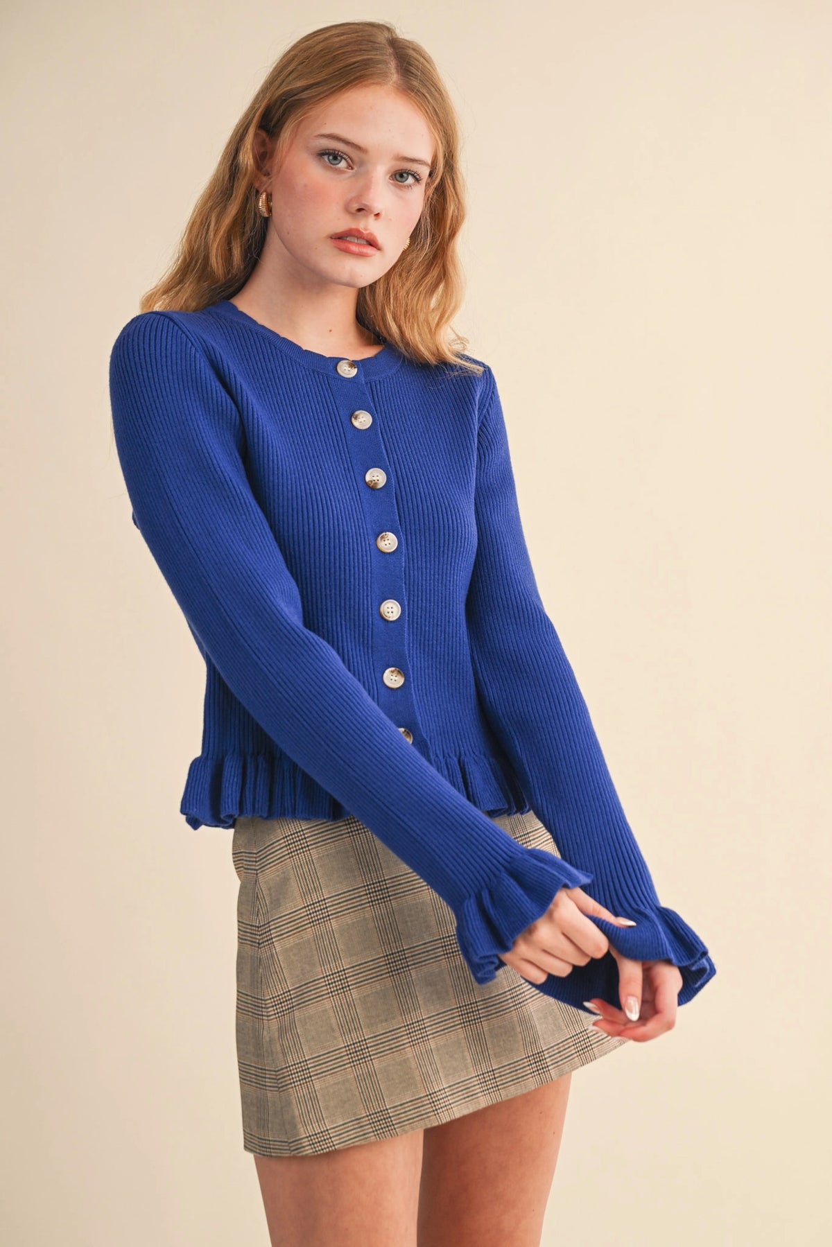 Ruffle Hem Ribbed Knit Sweater Cardigan - Royal Blue