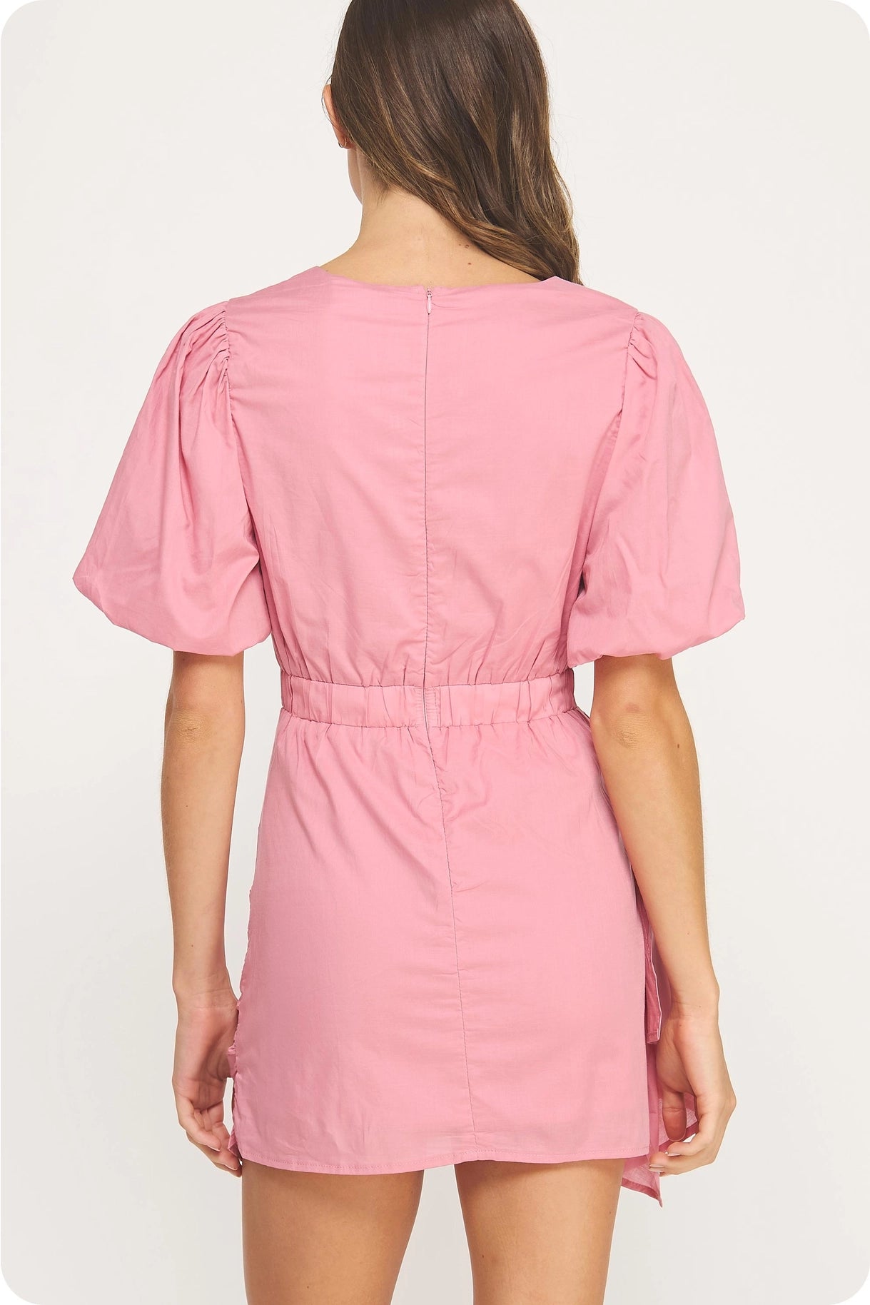 Ruched Short Puff Sleeve Voile Mini Dress - Mauve