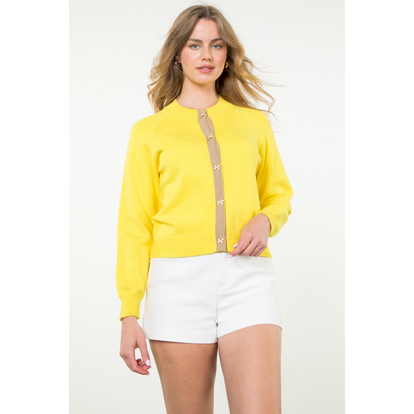 THML - Bow Button Knit Cardigan - Yellow