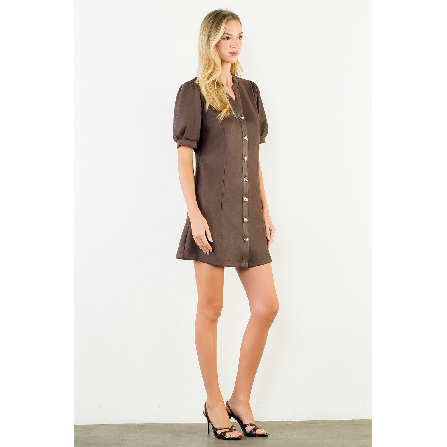 Suede Short Dress with Gold Buttons - Brown