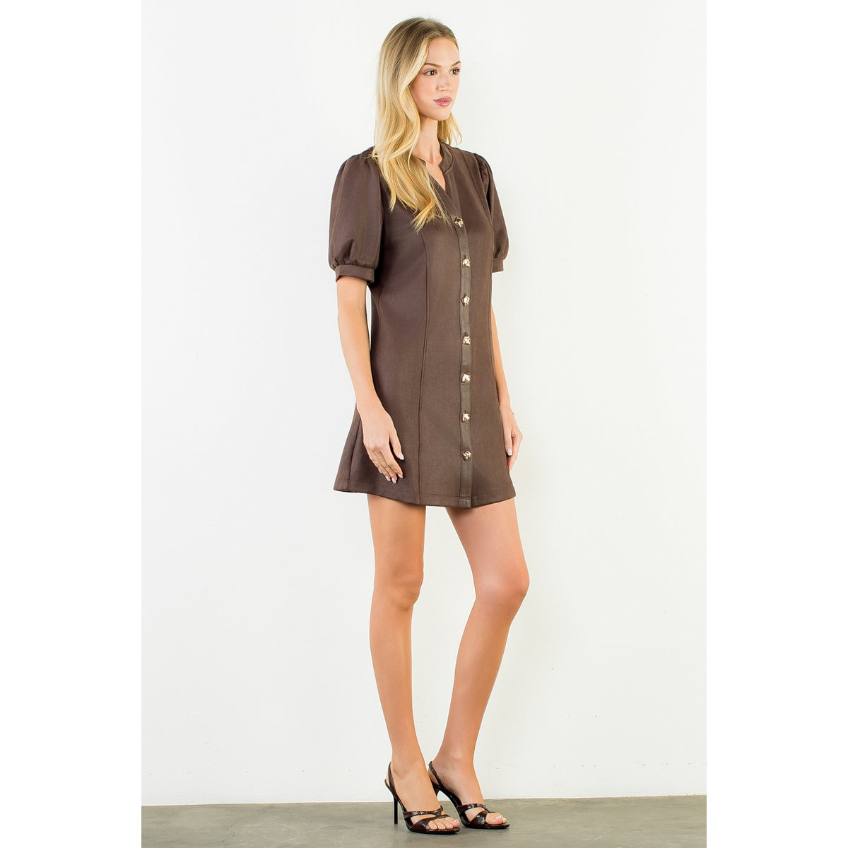 Suede Short Dress with Gold Buttons - Brown