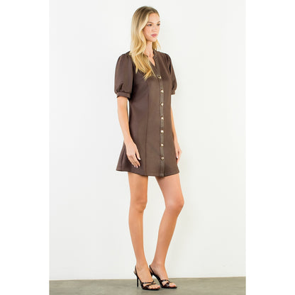 Suede Short Dress with Gold Buttons - Brown