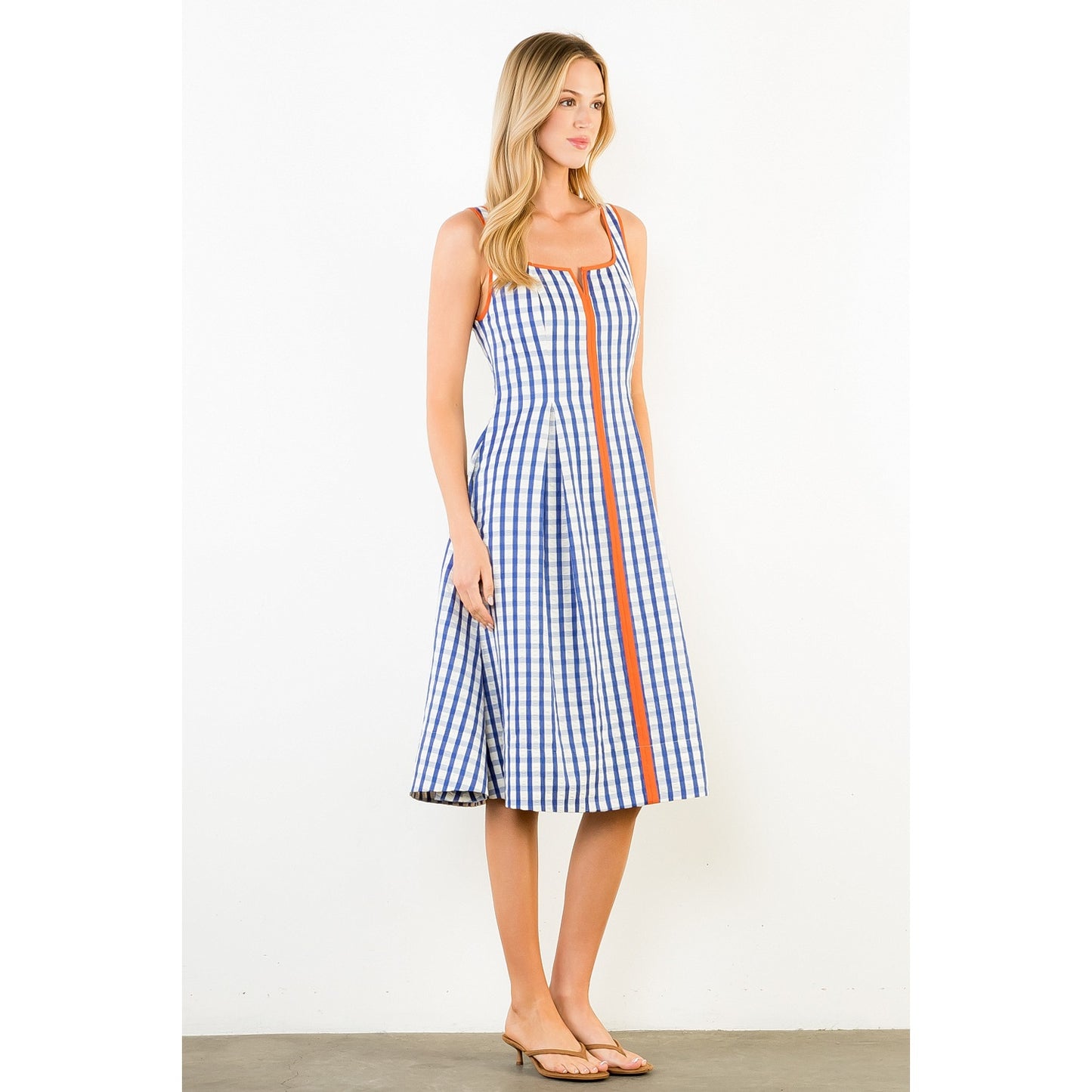 Thin Strap Gingham Pattern Dress - Navy