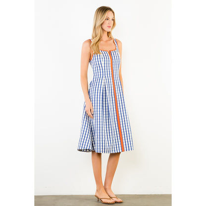 Thin Strap Gingham Pattern Dress - Navy