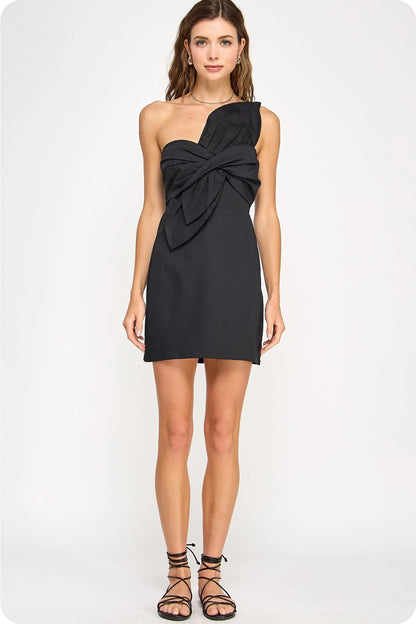 Knotted Flower Bow Mini Dress - Black