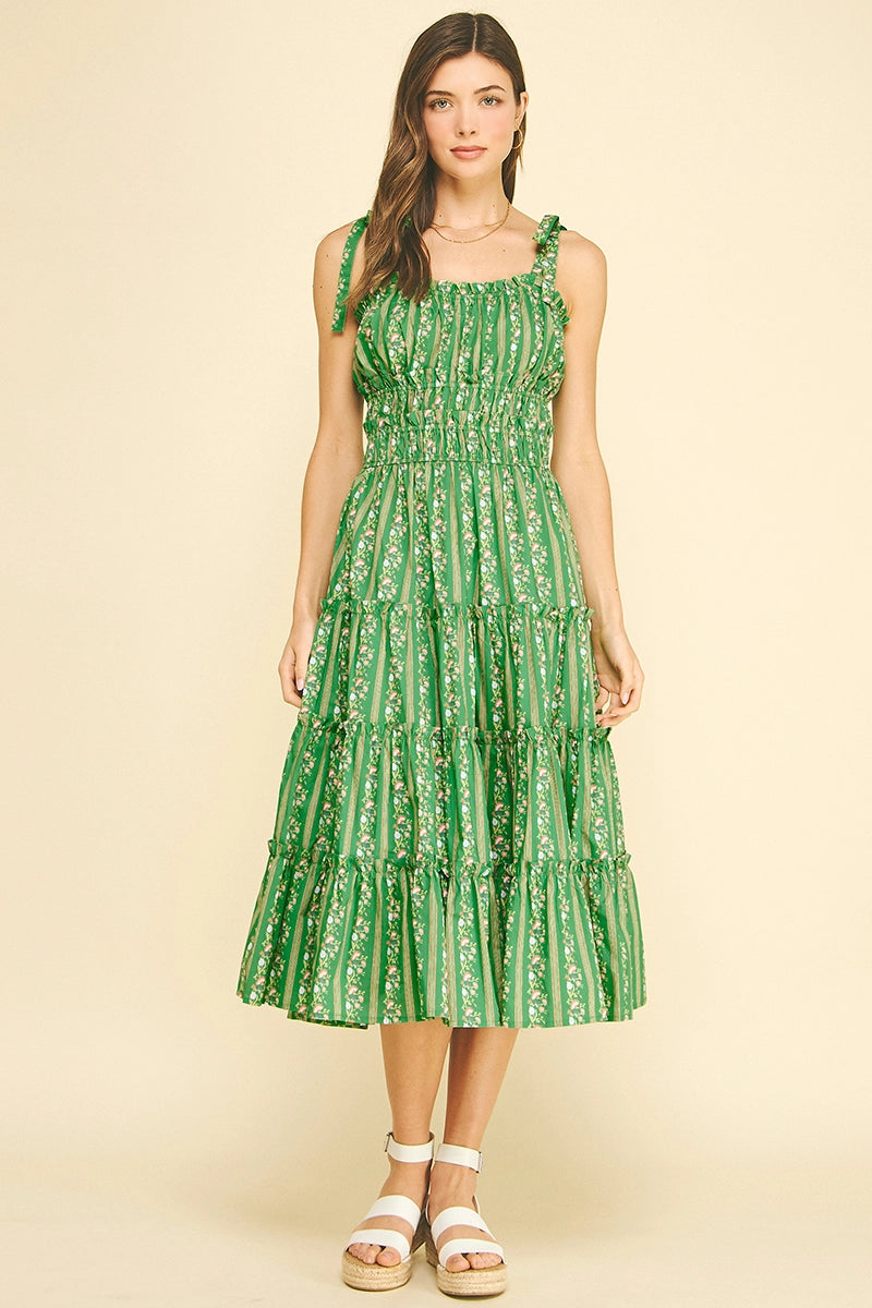 Floral Tiered Midi Dress - Green