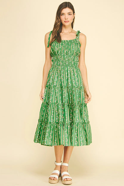Floral Tiered Midi Dress - Green